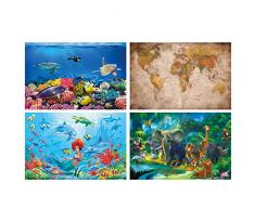 GREAT ART® Set di 4 XXL Poster Motivi per Bambini - Animali Marini e Terrestri - Acquario di Barriera Reef Retro Mappamondo Sirena Giungla Decorazione Murale Interni 140 x 100 cm