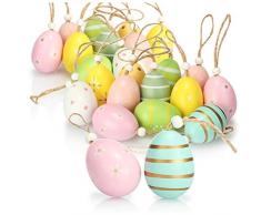 com-four® 24x Uova di Pasqua da Appendere - Decorazioni pasquali in Legno con Fantastici Colori - Uova di Pasqua Decorative con Bellissimi Motivi
