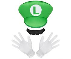 Aomig Mario Costume Accessories, 3 Pezzi Mario-Bros Accessori con Cappello Guanti Baffi, Luigi-Bros Costume Accessorio per Adulti e Bambini, per Carnevale e Cosplay(Verde)