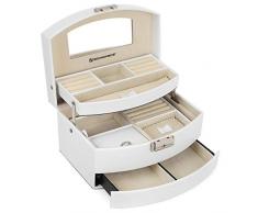 SONGMICS Cofanetto Portagioielli, Scatola Portagioie 3 Livelli con Serratura e Specchio, per Anelli Braccialetti Orecchini Collane, Interni in Velluto, Regalo, Bianco JBC213W