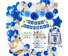 MMTX Decorazioni per Feste Robot, Blu Happy Banner di Compleanno Robot Aluminium Ballons Pompon di Carta e Cake Toppers Tatuaggi Bambini per Compleanno, Matrimonio, Baby Shower, Decorazioni