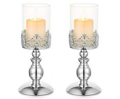Nuptio 2 Pezzi Portacandele in Argento per Candele a Colonna, Portacandele in Vetro Hurricane Regali per Decorazioni per la Stanza di Casa, Centrotavola per Candele Alte 26cm per Tavoli Matrimonio