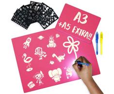 BONNYCO Lavagna Luminosa per Bambini Rosa A3 e A5, 6 Stencil e 2 Penne Spia Lavagna Magica Giochi Bimba 3 4 5 6 7 8 9 10 Anni | Lavagna per Bambini Regali e Giochi Compleanno e Natale