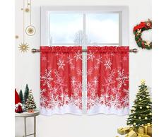 CAROMIO Tende da cucina, motivo fiocco di neve di Natale, tenda da bagno, 80 cm, decorazione natalizia Boho Cafe Tende mezza finestra Set di trattamento piccole tende, rosso, set di 2