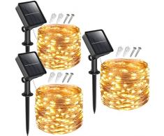 Peasur 3 Pacchi Luci Solari Esterno [12+2M 120LED] Catena Luminosa Esterno Solare, Impermeabile LED Lucine Esterno Energia Solare Filo di Rame Luce Decorative Per Giardino Albero Natale, Bianco Caldo