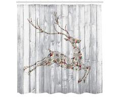ABAKUHAUS Cervo Tenda da Doccia, Animale Colorato Figura con Vari Elementi Artistici di Natale Assi di Legno, Stampa Digitale su Tessuto, 175 x 200 cm, Multicolore