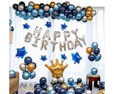 Ponmoo Feste di Compleanno con Palloncini Argento Oro Blu, Palloncini Kit per Anniversario di Compleanno per Uomo Donna Adulti, Happy Birthday Corona Palloncino per Compleanno Decorazioni