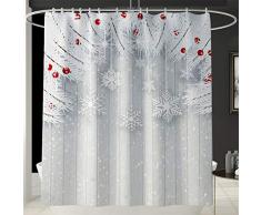 Wiouy, Set da Bagno con Stampa di Babbo Natale, Tenda da Doccia/Tappetino per WC, 3 Pezzi, Colore: Bianco
