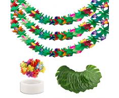40 Pezzi Set di Decorazioni per Feste estive 3pz Ghirlanda di Carta Hawaiana 24pz Foglie di Palma Artificiali 12pz Fiori di Ibisco Artificiale Decorazione di Feste Tropicali Luau Forniture da tavola