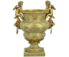 Casa Padrino vaso da fiori Art Nouveau verde/oro 27 x 19,8 x A. 33,8 cm - Vaso per piante in porcellana con figure di angelo in bronzo e manici a testa di leone - Accessori Decorativi