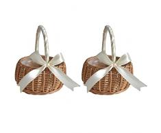 ZCFGUOI 2 cesti per fiori intrecciati a mano, in rattan, per matrimoni, fiori, ragazze, con manici e nastro, cesto a mano, per matrimoni, feste di Pasqua