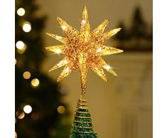 Luxspire Punte Albero di Natale, Puntale per Albero di Natale, a Forma di Albero con Glitter, Accessori per Albero di Natale, a 2 AA Batterie, Decorazione per Natale Festa Casa, Oro