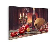 Quadro su tela Natura morta stile rustico frutta melograni uva limone sdraiato tavolo di legno bottiglia di vino vetro ruvido tela Stampe Arte Poster Murale