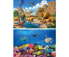 GREAT ART set di 2 poster XXL mondo sottomarino e dinosauri decorazione murale vari mondi animali rettili preistorici tartaruga delfino pesce foto wallpaper (140 x 100 cm)