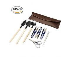Set mini di giardinaggio per alberi bonsai comprensivo di mini cesoie, forbicine, mini rastrello, mini potatore per germogli e foglie, 8 pezzi