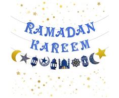 Ramadan Kareem Striscione, Stella e Luna Ghirlanda Decorazione Blu Striscione del Ramadan Hajj Eid Mubarak Ghirlande di Carta musulmano Islam Feste Decorazione Eid Adha Casa, ristoranti Decor