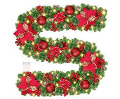 Ghirlanda Natalizia, KOOFIT 2.7M/9 Piedi Ghirlanda Natalizia per Esterno, Ghirlanda di Natale con Luci 30LEDs, Ghirlanda Natale Lunghe Decorazioni Artificiale per Scale, Porta, Camini