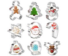 Olywee - Set di 9 formine per biscotti di Natale, con stella e albero di zenzero, con fiocco di neve, angelo e campana, decorazione per la cottura in acciaio INOX