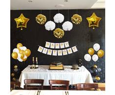 BELLE VOUS 33 Pezzi Feste di Compleanno Decorazioni Oro e Bianco - Compleanno Addobbi Accessori PON PON, Palloncini in Lattice e Foil e Striscioni per Compleanno e Feste