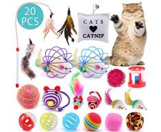 ASANMU Giocattolo per Gatto, 20 PCS Gatto Giocattoli Interattivi Giochi per Gatto da Interni Gatto Giocattoli Kitten Indoor con Bacchetta Teaser, Peluche Giocattolo, Piume, Regali di Natale per gatti
