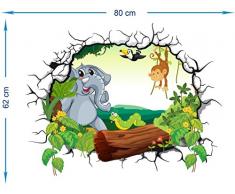 Adesivi murali bambini StickerDesign Adesivo Murale effetto 3D Decorativo Cameretta Bambini Foresta con tronco Albero Elefante Scimmietta Lombrico Adesivo Murale Disegni decorativi Wall Stickers decorativo Adesivi Murali Decorazione