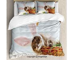 Soefipok Set Copripiumino con 2 federe per Cuscino, Adorabile Gatto birichino con Orecchie di Coniglio Rosa nel Cestino Pasquale con Uova Colorate Multicolore, Leggero