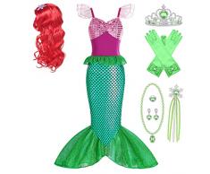 New front Costume da Sirenetta Ragazza Principessa Principessa Ariel con Parrucca 6 Accessori Costume Principessa per Festa di Compleanno Cosplay Natale Carnevale Halloween Dress Up,Verde,110