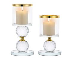 Sziqiqi Portacandele a Colonna in Cristallo, Set di 2 Candelieri in Vetro Trasparente, Candelabri Centro Tavola Moderno per Soggiorno Matrimonio Porta Candele per Decorazione Natalizia, Oro