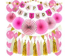 Zerodeco Compleanno Decorazione, Rosa Striscione di Happy Birthday con ventagli di Carta Ghirlanda Stringa Bandiera Zigolo Bandiera Nappa e Palloncino per Feste di Compleanno Decorazione