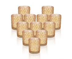 Qucover Set di 12 Pezzi Portacandele Votivo in Vetro Mercurio, Oro Piccolo Portalumini 6.8cm Altezza, Portacandela Tealight Regalo Decorazione Interna per Compleanno Festa Matrimonio Aromaterapia