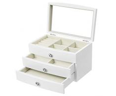 SONGMICS JOW03WT - Cofanetto portagioie a 3 ripiani con grande specchio interno in cristallo, colore: Bianco