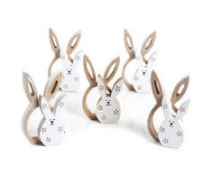 Logbuch-Verlag 5 Doppi Coniglietti di Legno Pasquale Coniglietto Naturale Marrone Bianco Fiori Pasqua Decorazione Primaverile Statuetta Pasqua Regalo Decorazione Tavolo 10 cm