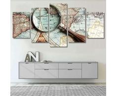 LUXPAR Quadri Grandi Dimensioni Decorazione Da Parete 5 Pezzi Lente dingrandimento e antica mappa Stampa Su Tela Con Cornice Pittura Quadri Moderni Soggiorno 150X80 Home Decor