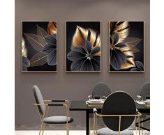 ConBlom Set di 3 Poster su Tela di Design Immagini da Parete, Astratta Nera Dorata Foglia di Pianta Stampa Moderna Decorazione Nordica Pittura di Arte (40X50cm)