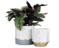 LA JOLIE MUSE Set di 2 vasi per piante e fiori in ceramica bianca, contenitori in marmo per piante con motivo a inchiostro e dettagli grigio e oro