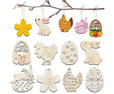 LOVEXIU Pasqua Legno Ornamenti Appese,48PCS Ciondolo Pasquale,Decorazioni Ciondolo Pasquale,Artigianato in Legno di Pasqua,Uovo di Pasqua,Ornamenti di Coniglio in Pasqua,Pasqua Decorazioni Fai da Te