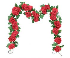 SHACOS 3 Pezzi Ghirlanda di Rose Artificiali Fiori di Seta, Rose di Seta Rosse Vite Finta Sospeso Rose Edera Piante, Per la Festa Nozze Casa Arco Decorazione, 600cm
