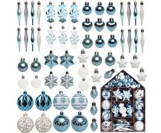 Set di 73 Palline di Natale - Accessori Decorativi per LAlbero di Natale - addobbi Natalizie in Blu e Bianco - Diverse Forme di Palline ed Un Puntale per Albero di Natale