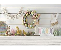 EdCott 7x5ft Vinile Fotografia Sfondo Felice Decorazione Pasqua Interno casa Uova coniglio dipinte Conigli adorabili Pollo Strisce bianche Tavola legno Ghirlanda Foto Sfondo Ritratti Sfondo