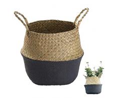 Cestino per Pancia Tote in Rattan Intrecciato Fatto a Mano, Copertura per vasi per Piante, Decorativo per Interni, Anche per stoccaggio, Lavanderia, Picnic e Vaso da Giardino (Piccolo, Nero)