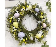 Sixome Corona pasquale, 15.7 pollici, ghirlanda di uova di Pasqua per porta anteriore, ghirlanda di fiori da appendere a parete, con fiori misti, decorazione da parete, (verde)