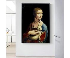 GUDOJK Quadro Art Deco su Tela La Dama con lermellino Pittore del Rinascimento Italiano Dipinti su Tela sul Muro Poster e Stampe Quadri Classici di Arte della signora-40x60cm