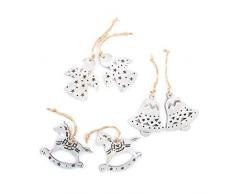 6 piccoli ciondoli natalizi in stile shabby chic, a forma di angelo, a forma di campana e cavallo a dondolo, in legno, decorazione natalizia, pendente per albero di Natale o regalo