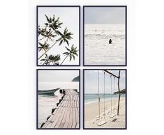 Set di 4 stampe decorative senza cornice con paesaggio tropicale, spiaggia, surf e palme per i decorazione da muro. Poster stampato su carta di alta qualità da 350 g, 21 x 30 cm