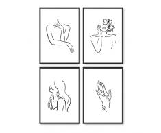 Set 4 Quadri Decorativi MODERN ART Soggiorno Camera da Letto Sala da Pranzo | Immagine Minimalista DONNA WOMEN Vintage Poster DIN A4 | Room Decor Poster Set Workart Bianco Nero - Senza Cornice