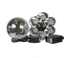 Set luci disco costituito da tre pezzi: palla di specchi con led, luce stroboscopica e lampada 6 faretti a led multicolore