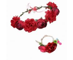 Fiori per Capelli con braccialetto set，corona di fiori corona di fiori cerchietto signore fiore per signore cerimonia di nozze festival partito spiaggia (rosso)Blumenkranz mit Armband