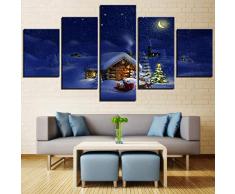 N/C / C Decorazioni per la casa 5 Pannelli Cabina di Natale/Babbo Natale/Albero/Neve Tela Cielo Notturno Poster Stampa Pittura Arte della Parete per Soggiorno Immagine