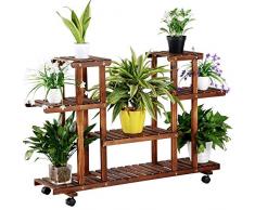 Yaheetch Scaffale per Piante Ripiani per Fiori Porta Vasi in Legno Fioriera Verticale a Scala Multi-Strato da Balcone Espositore Interno Esterno Giardino Decorativo a 6 Ripiani Ruote 124 x 33 x 80 cm