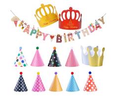 Altear Divertenti Cappelli da Festa - 9 Pezzi Cappelli per Feste di Compleanno Cappelli a Cono con PON PON, 2 Pezzi Carta Cappelli Corona per Bambini, Tirare Fiori e 10 Carte a Cuore di Pesca